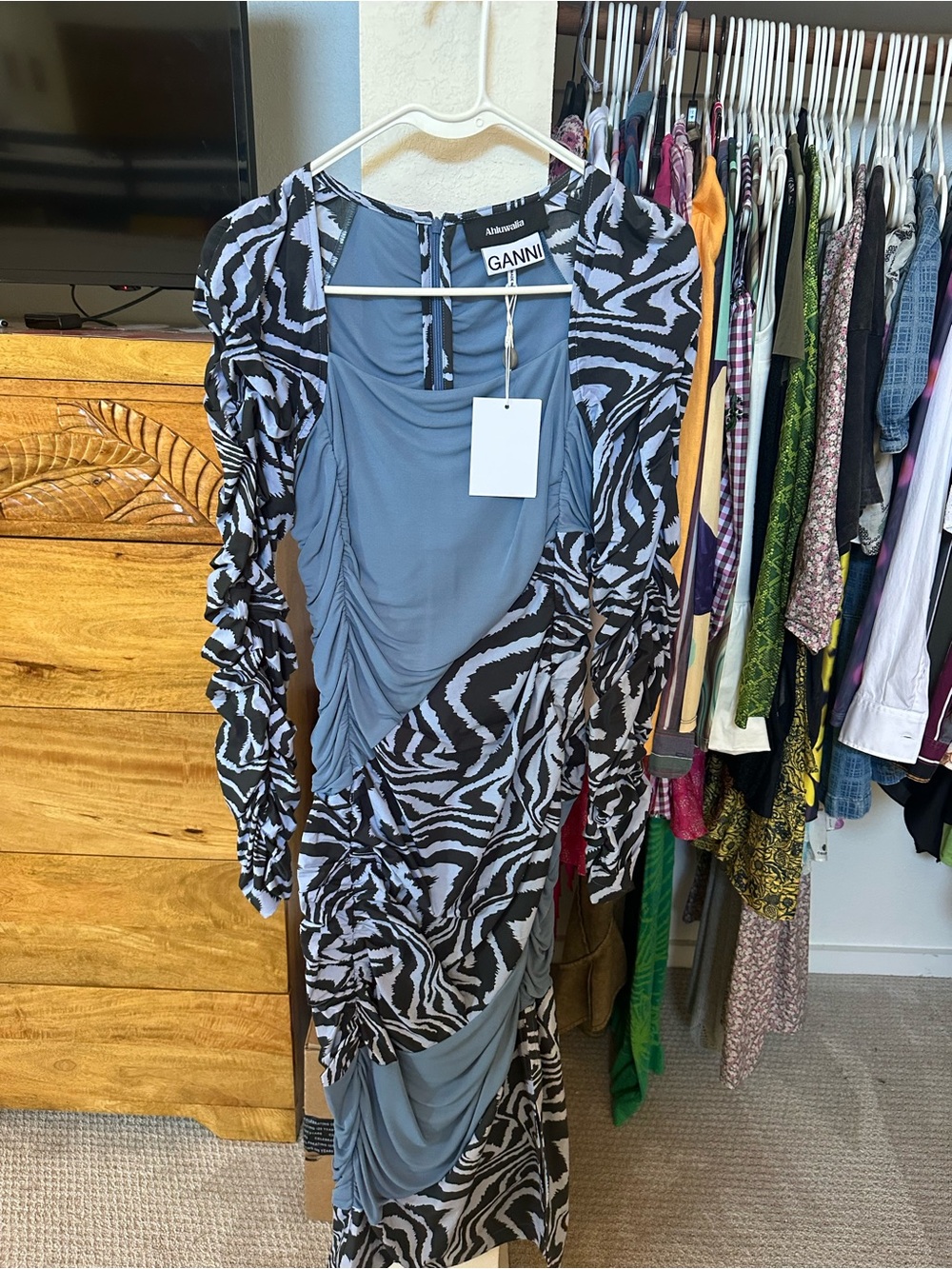 Ganni Blue and Black Zebra-Print Ruched Long-Sleeve Midi Dress